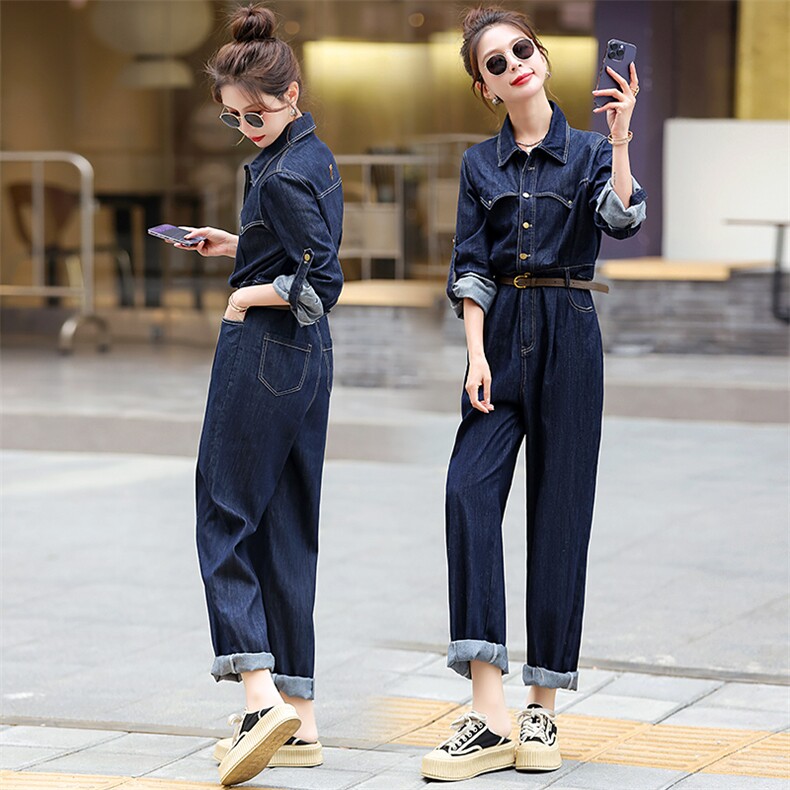 牛仔连体裤女2025春秋新款高级感女神范气质设计感小众系扣连衣裤，女装连体裤，E百度