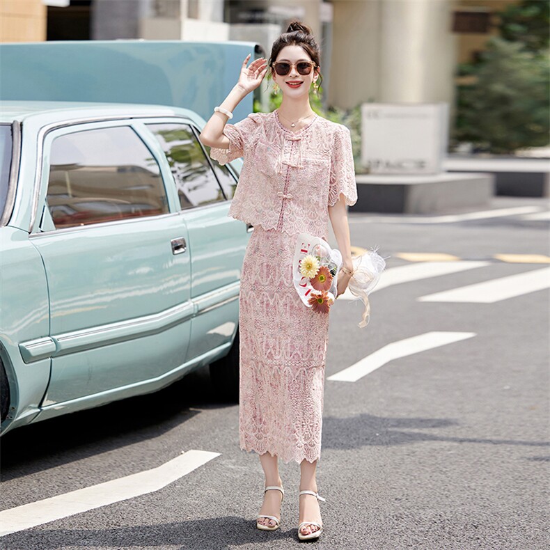镂空蕾丝小香风两件套连衣裙女2024夏季新款名媛气质高级感套装裙,女装套装/套裙,雅佳俏