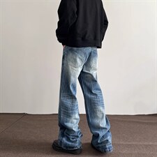 闪电纹微喇牛仔裤男潮牌新款水洗复古宽松直筒美式高街痞帅长裤子，男装牛仔裤，星座516A