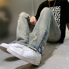 美式高街vibe破洞牛仔裤男夏季直筒设计感拉链开叉长裤子MN78-P49，男装牛仔裤，星座1008-1