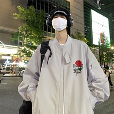 港风夜景秋款玫瑰印花宽松棒球领夹克F366特批65控98，男装夹克，电商A247