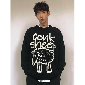 直筒型街头印花新款毛衣针织衫慵懒低圆领套头长袖气质 MY894图片