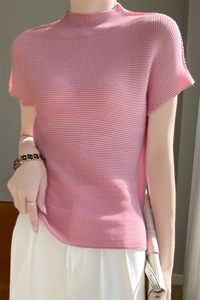 高级感压皱三宅上衣半高领短袖t恤女宽松夏肌理感打底衫弹力背心图片