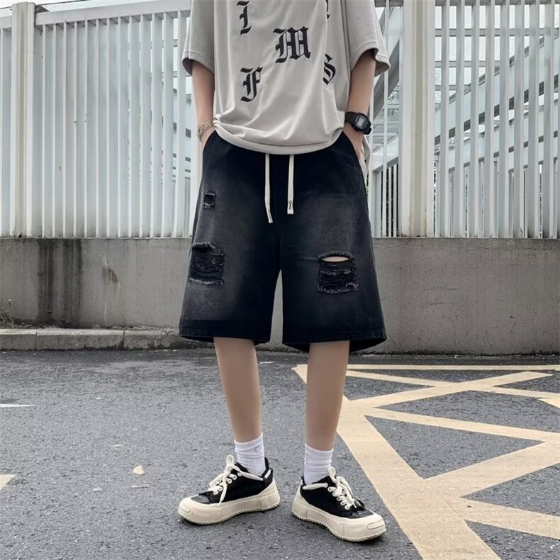 高街破洞牛仔短裤男韩版潮流松紧腰2023夏季ins五分裤RK686-P36,男装牛仔裤,星座412-3