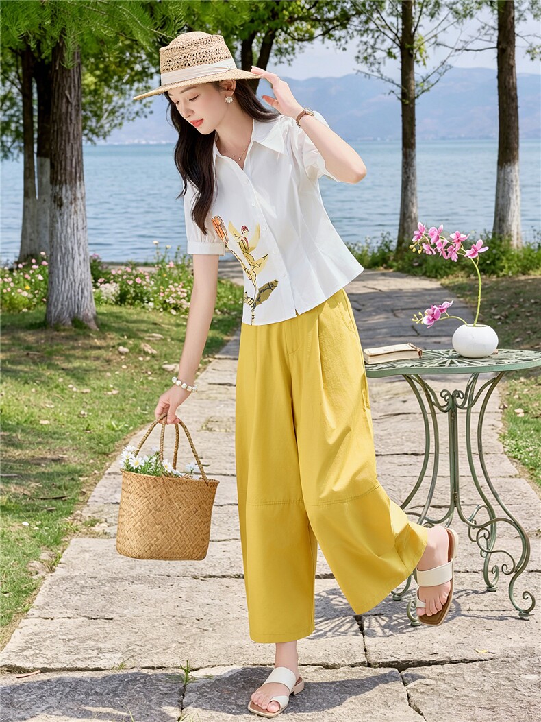 轻熟风时尚小翻领衬衫套装女2026夏气质印花上衣休闲裤两件套,女装套装/套裙,水衣源