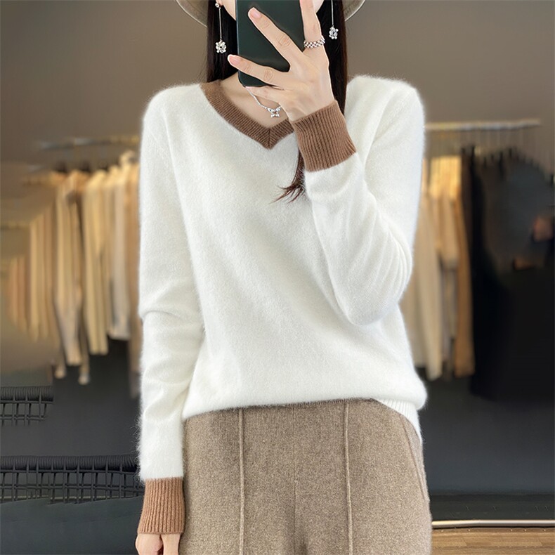 秋冬新款V领女拼色宽松套头韩版毛衣针织衫针织打底衫，女装羊毛衫，犀桦羊绒