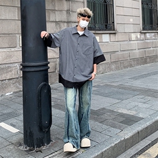 夏季日系复古假两件短袖衬衫男CityBoy休闲五分袖细条纹拼接衬衣，男装衬衫，星座505-2（原电商A260-1)