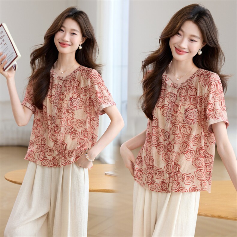 时尚印花圆领衬衫女2025新款夏季短袖洋气减龄高级感气质衬衣上衣，女装蕾丝衫/雪纺衫，简韵佳