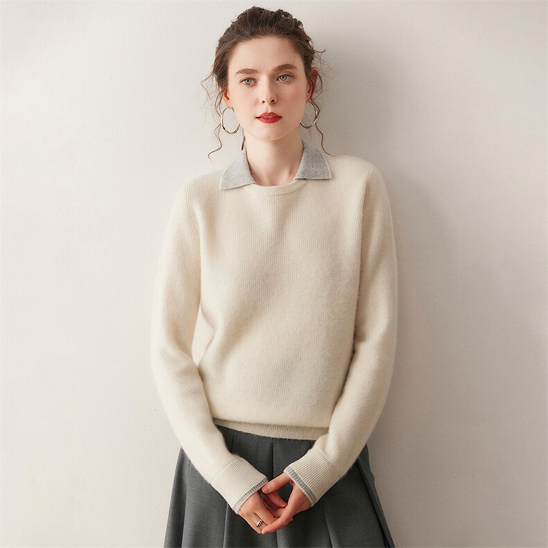 秋冬baby小山羊绒衫女POLO领拼色长袖针织毛衣宽松休闲羊毛衫打底，女装针织衫/毛衣，广悦羊绒