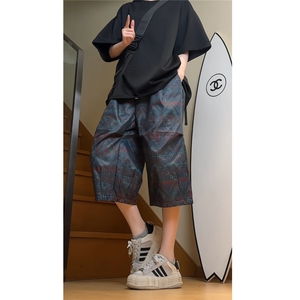 夏季新款复古印花宽松阔腿短裤男士菠萝裤休闲七分裤 K6626-特P38图片