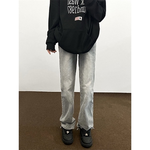B221美式高街水泥灰弹力直筒牛仔裤LK24146-P60控79 加绒P70控99图片