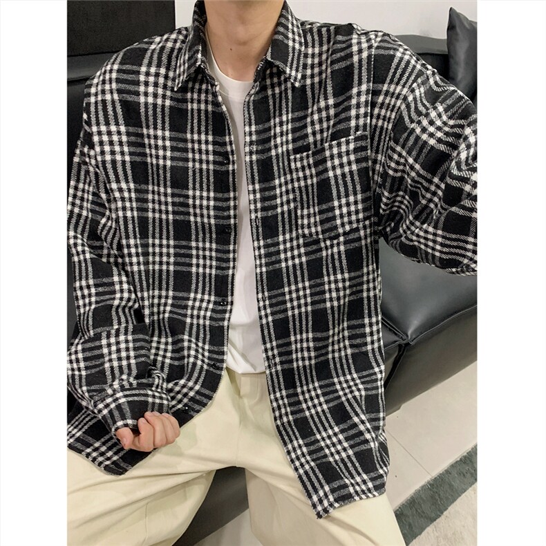 现货~磨毛格子大码长袖衬衫C5891/特P25黑,男装衬衫,电商A094