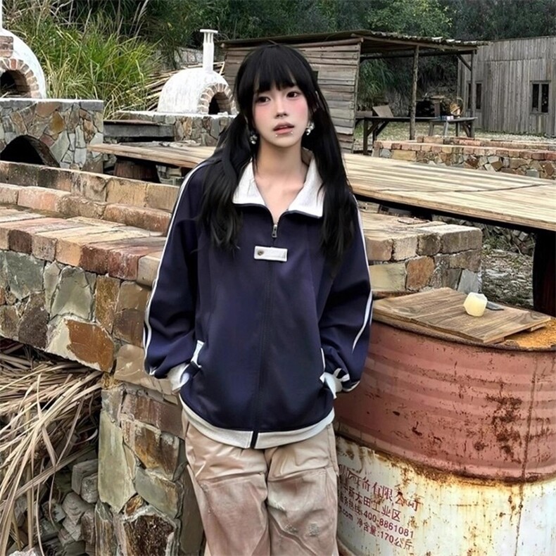 抖音得物品质秋冬美式高街重磅结构拼接织带翻领卫衣夹克外套W113，男装夹克，电商A486-1