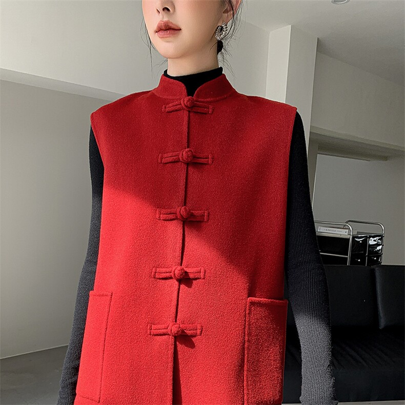 双面毛呢马甲中国风盘扣女士上衣无袖马甲中长款气质实用大气坎肩，女装马甲，荣图大衣