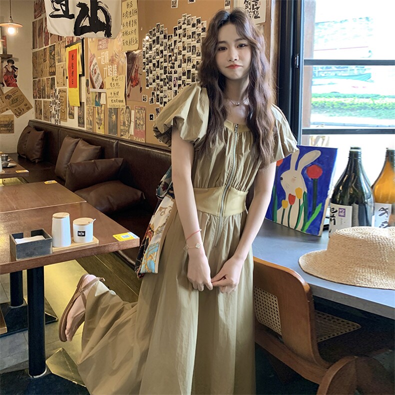 2025夏季新款法式显瘦气质泡泡袖收腰连衣裙女时尚气质绝美小裙子,女装连衣裙,琦鑫阁（原依鑫阁）
