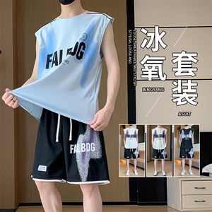 TZ801-P48 夏印花无袖T恤上衣港风青少年男生套装学生短袖短裤图片