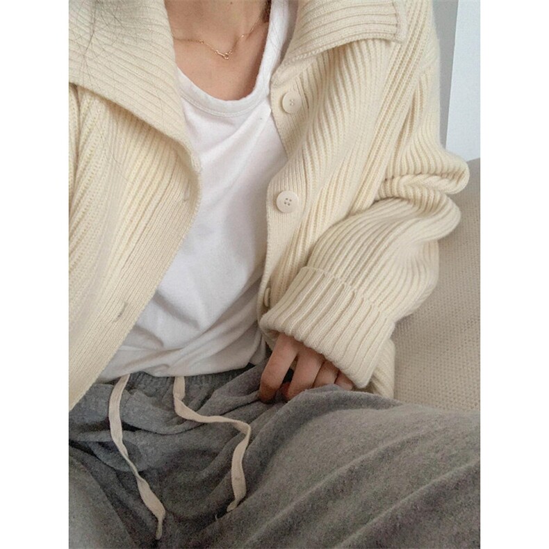 条纹翻领开衫毛衣男士秋款韩版宽松设计感小众针织衫上衣 M2347图片