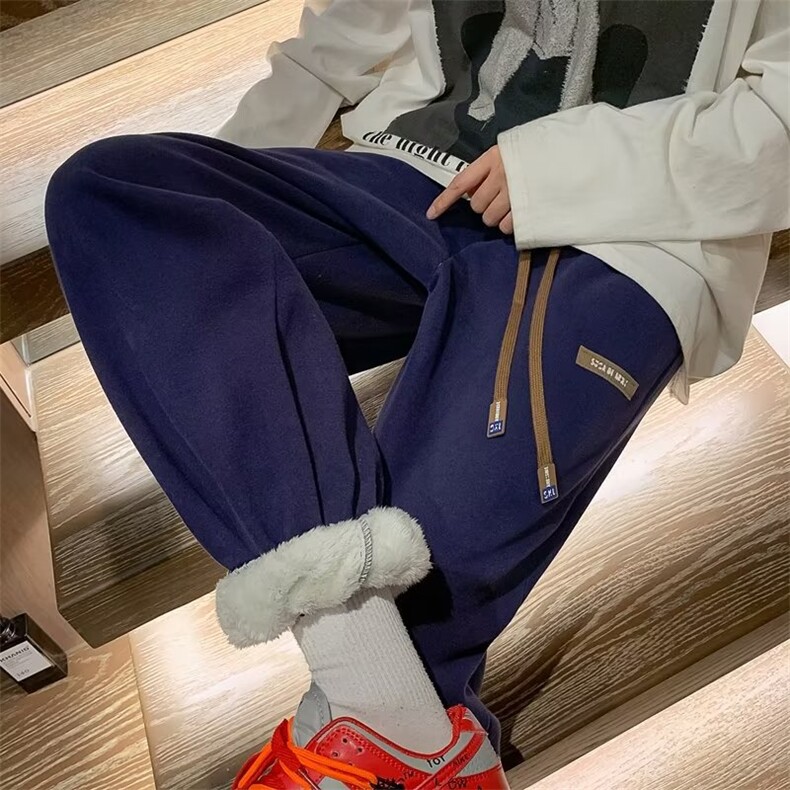 纯色羊羔绒加绒加厚卫裤男秋冬季港风ins束脚百搭休闲裤B36P38,男装休闲裤,星座1116-2