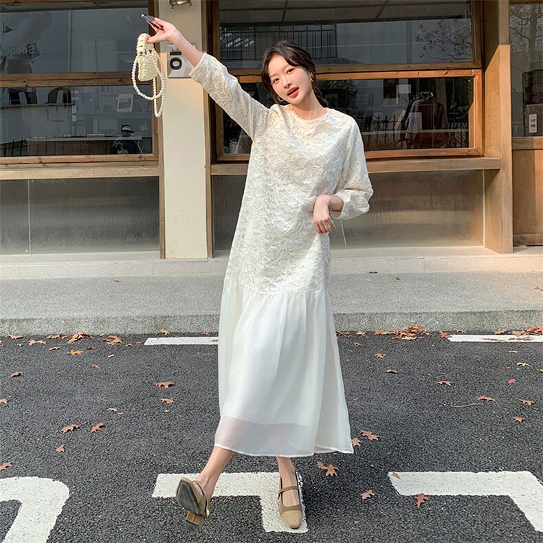 2025春季新款法式温柔风拼接连衣裙女装气质轻奢提花长袖中长裙子,女装连衣裙,浙宝208