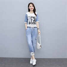冰丝牛仔套装女2024夏季新款洋气减龄薄款遮肉显瘦休闲运动两件套，女装套装/套裙，靓星雨