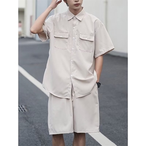 套装男韩版潮流工装衬衫短袖2023夏季新款isn宽松五分裤W4811-P45图片