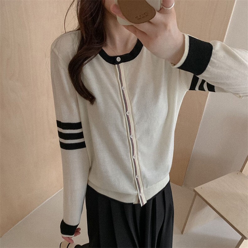 独特设计修身显瘦春季学院风拼色门襟开衫，女装针织衫/毛衣，佰米娇羊绒