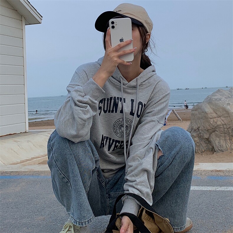 双层帽春秋新款宽松印花连帽卫衣女学生上衣E646-P40图片
