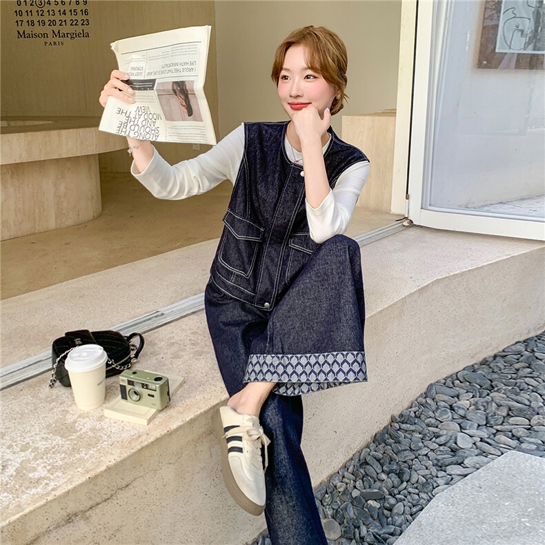 韩系穿搭休闲牛仔套装女春秋超火减龄气质显瘦马甲阔腿裤三件套,女装套装/套裙,维壹