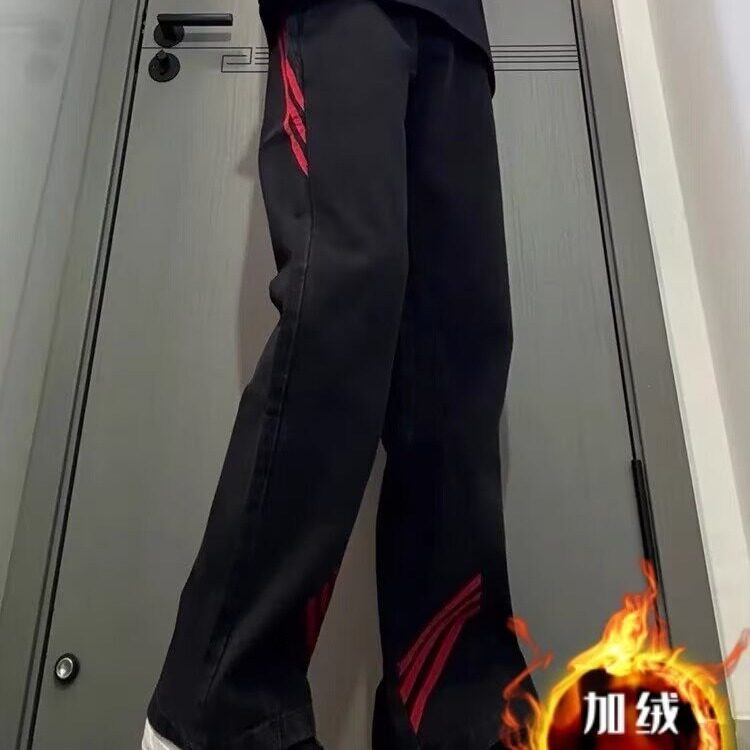 美式复古条纹阔腿长裤男女秋冬潮牌休闲宽松高街牛仔裤加绒直筒裤,男装牛仔裤,星座1210-1