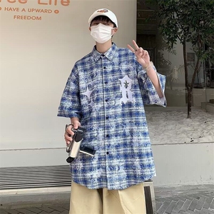 TNT32-P34美式复古衬衫男长袖春扎染刺绣短衬衫,驼色韩版西装搭配图片女图片
