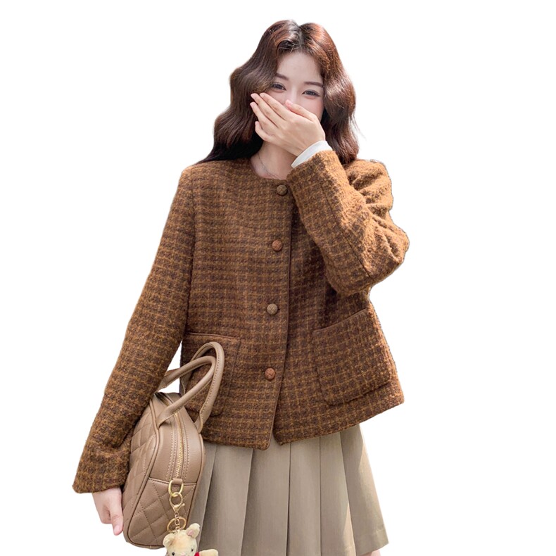 韩系美拉德格子撞色毛呢外套女秋冬2025新款气质千金感超好看大衣,女装毛呢外套,2C092