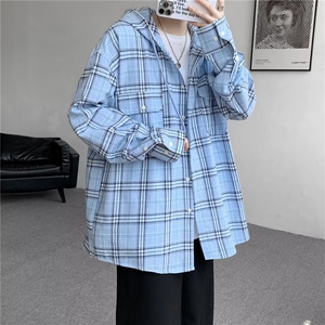 美式复古连帽格子衬衫外套男春季新款宽松复古长袖衬衣CSB003/P55图片