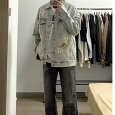 复古水洗牛仔外套男春秋潮牌花朵刺绣夹克宽松百搭情侣款网图，男装工装外套，星座410-6（原星座1304-1）