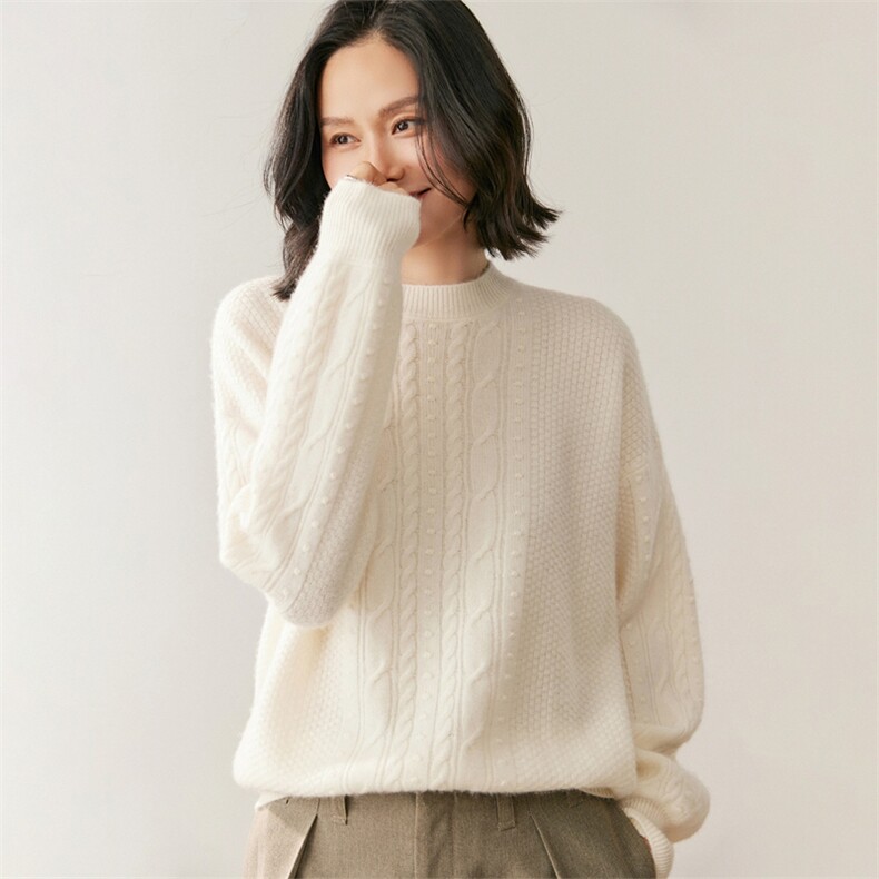 2025年秋季扭花圆领长袖针织衫套头上衣女,针织衫/毛衣,鸥蕊娅羊绒