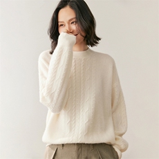 2025年秋季扭花圆领长袖针织衫套头上衣女，女装针织衫/毛衣，鸥蕊娅羊绒
