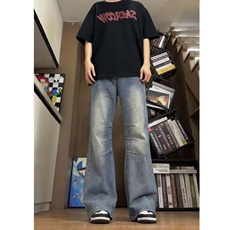 美式高街破洞牛仔裤微喇裤脚直筒修身百搭长裤子男RK3109-P45，男装牛仔裤，星座412-1