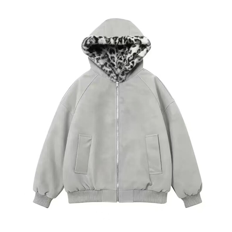 网图美拉德豹纹棉服男女加绒加厚冬季保暖连帽座山雕外套,男装棉衣,电商C307