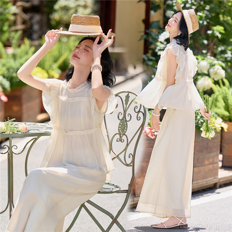 超仙时尚雪纺无袖木耳边套装女2026夏新款半透减龄阔腿裙裤两件套,女装套装/套裙,水衣源