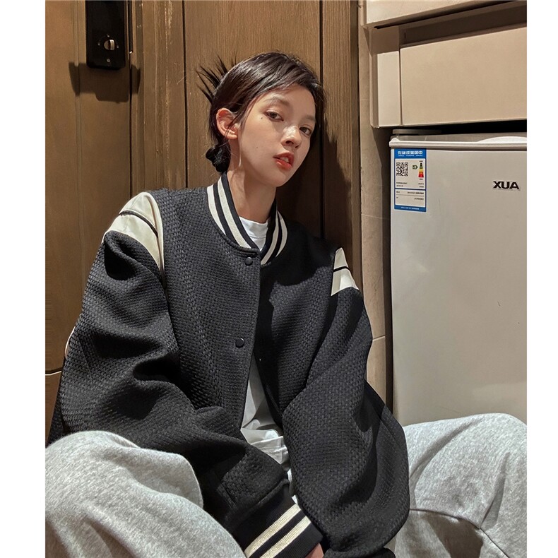 主推中性 小香风棒球服撞色拼接PU皮外套复古夹克男女H873 P108图片
