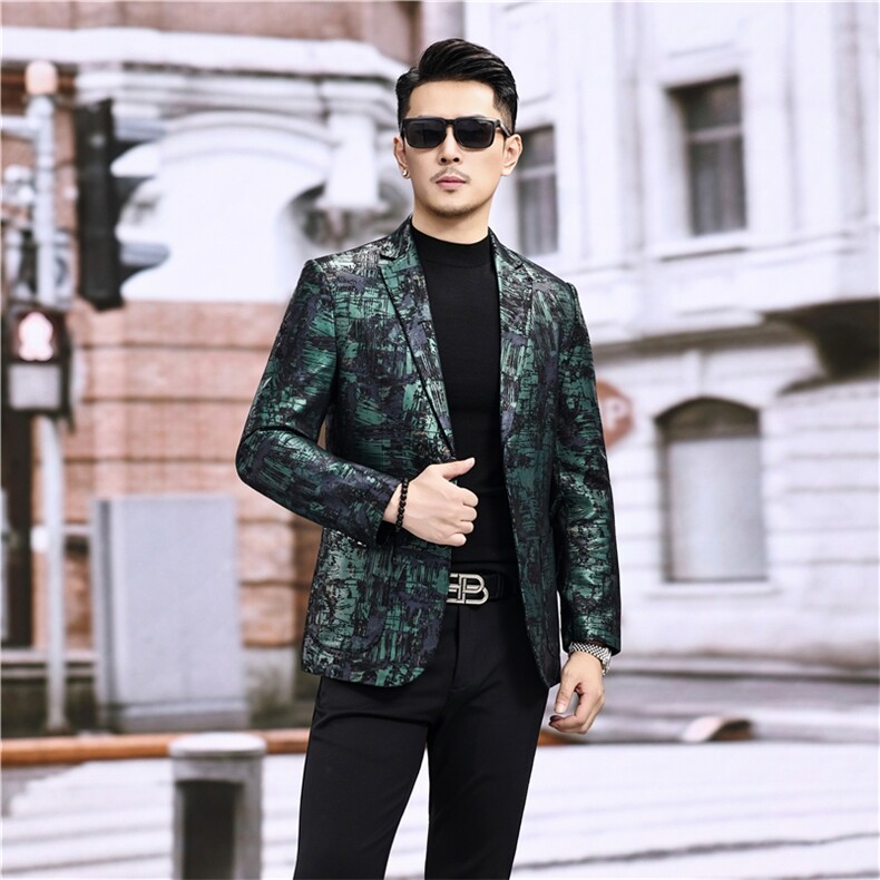 春秋款男士绵羊皮西服真皮休闲外套中年男装百搭通勤夹克绿彩条，男装夹克，电商B360A（原721A）