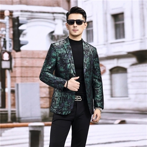 春秋款男士绵羊皮西服真皮休闲外套中年男装百搭通勤夹克绿彩条图片