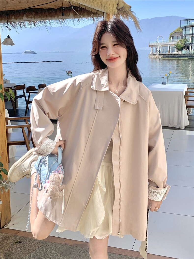新品现货26春装粉色蕾丝拼接袖口韩版休闲中长风衣外套女,女装风衣,苗苗