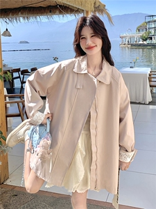 新品现货26春装粉色蕾丝拼接袖口韩版休闲中长风衣外套女图片