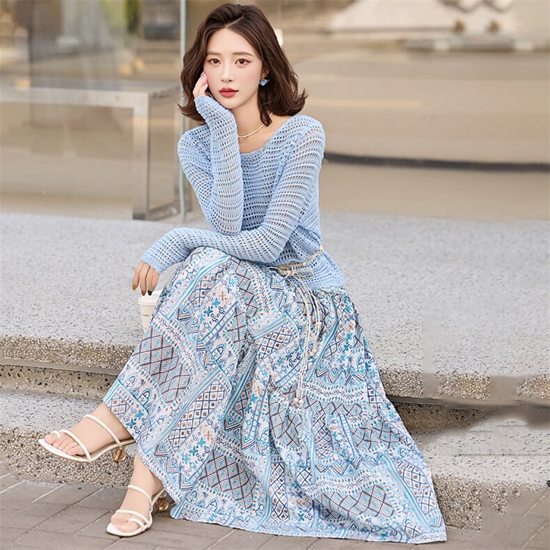 波西米亚蓝色碎花半身裙女夏季2025新款松紧腰冰丝棉a字大摆裙子,女装套装/套裙,魅丽静蓝