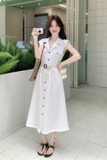 法式V领无袖衬衫裙显瘦连衣裙女2025年夏季新款气质工装风长裙子，女装连衣裙，2C133