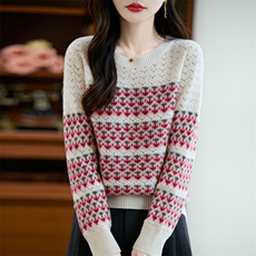 2025年秋季长袖时尚百搭通勤简约休闲嵌花撞色费尔岛，女装羊毛衫，三莲羊绒