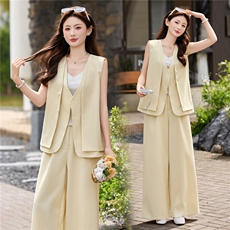 现货轻熟风气质套装女2026夏季麻料薄款西装马甲上衣阔腿裤两件套，女装套装/套裙，艾仟回(原伊仟回)