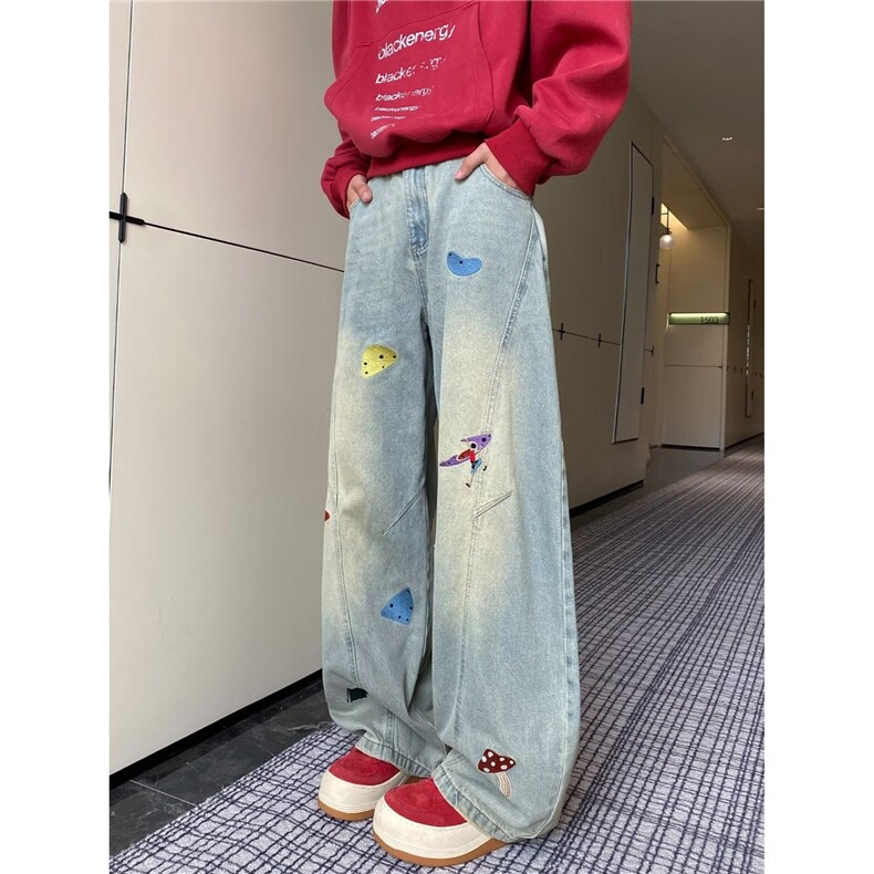 浅蓝高腰阔腿牛仔裤男女生新款刺绣直筒垂感宽松拖,男装牛仔裤,星座302B