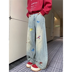 浅蓝高腰阔腿牛仔裤男女生新款刺绣直筒垂感宽松拖，男装牛仔裤，星座302B