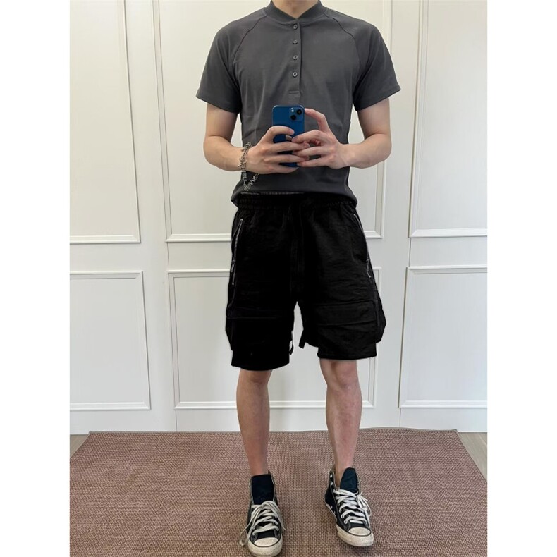 设计感立体大口袋拉链防水尼龙褶皱冲锋工装休闲抽绳五分短裤，男装牛仔裤，星座506A